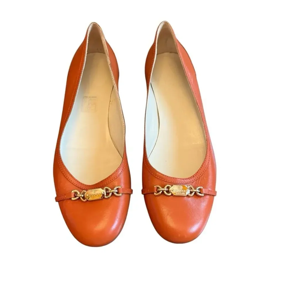 Gucci Tangerine Leather Loafers Flats with Gold Horsebit Detail EU 38 US 8